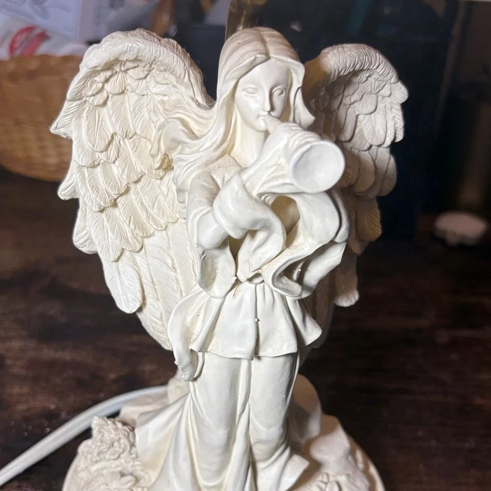 Vintage Angel Table Lamp Cream White Relief Shade Cherub Base Cottage Decor